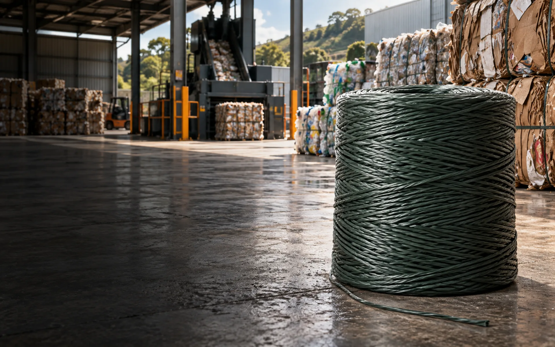 Bobina de fitilho industrial em um centro de reciclagem com fardos compactados